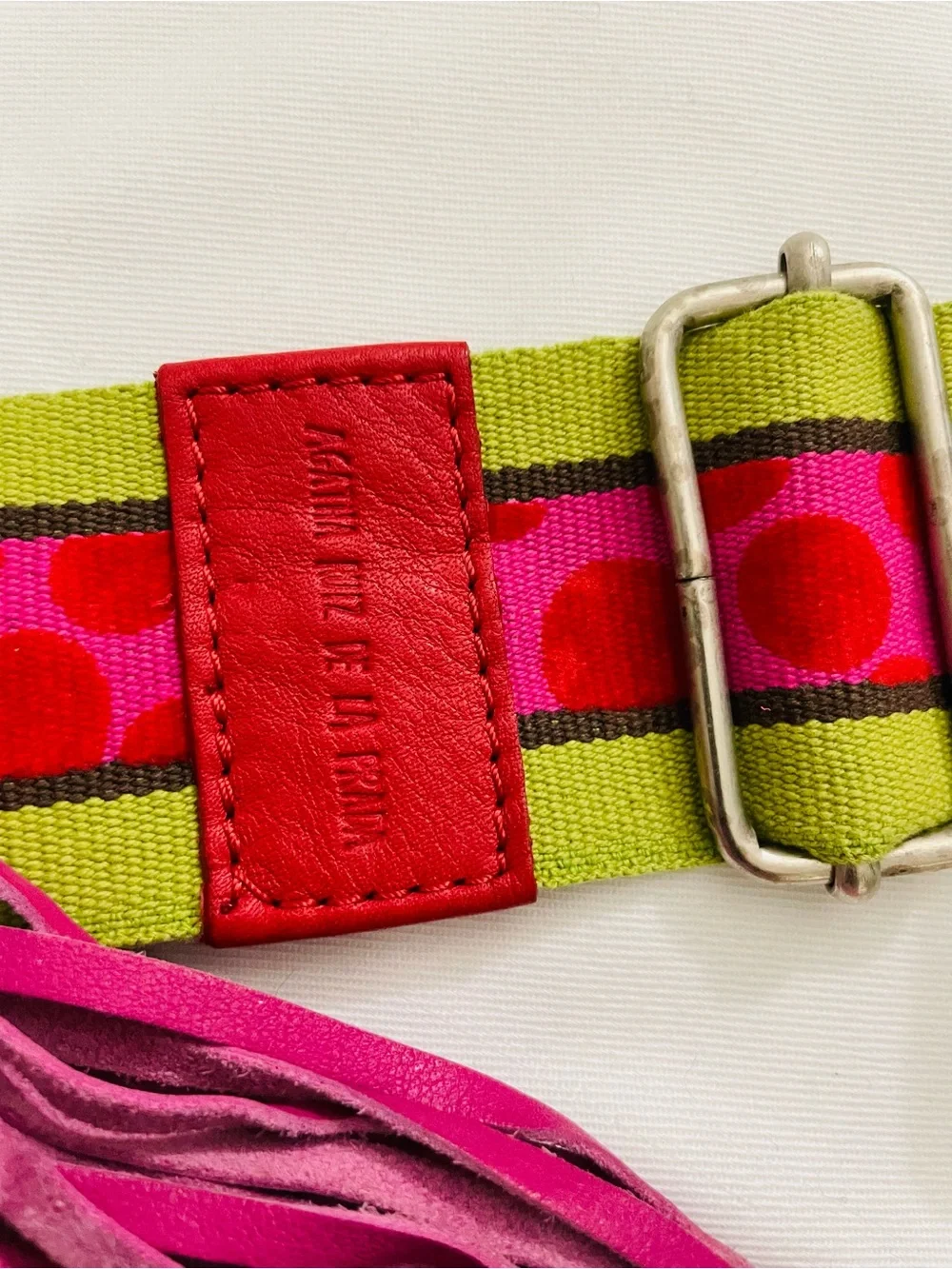 Agatha Ruiz De La Prada Red Leather Crossbody with Lime Green and Pink Strap - Picture 2 of 5
